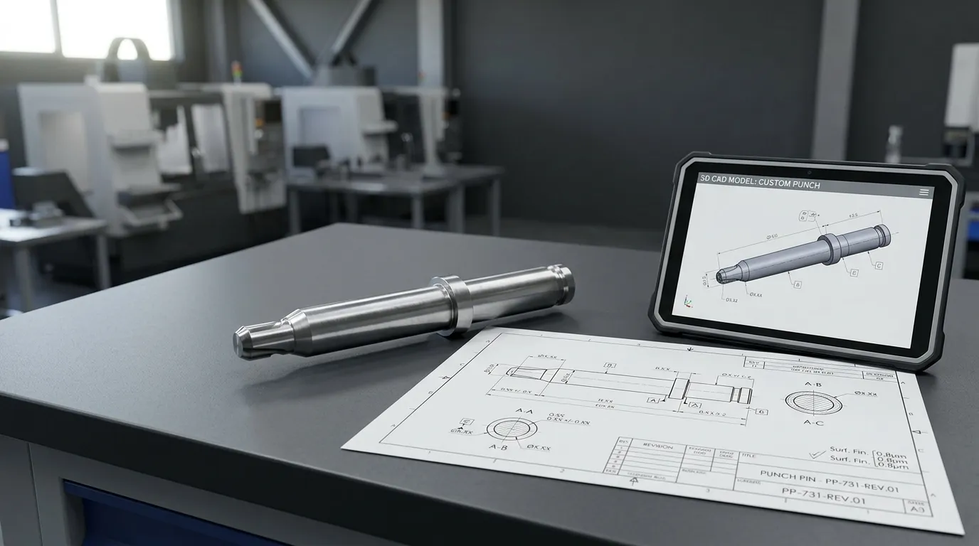 Niestandardowy sworzeń do dziurkania obok dopasowanego rysunku technicznego i modelu CAD.